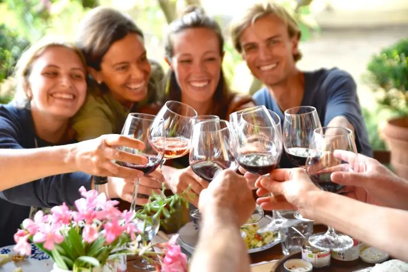 Group of Tuscan food & wine tour gusests cheering before tasting wine