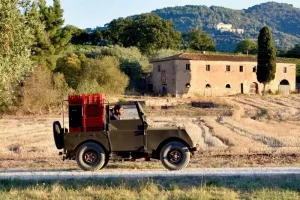 Jeep driving crates of grapes fron the vineyards to the pressing machines (Pigiatrici) at Ornellaia Estate