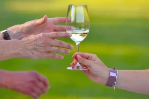 Passing glass of white wine for tasting