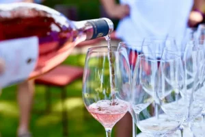 Pouring rose wine in to glasses during wine tasting at Guado al Tasso Vineyard