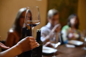 Tour guests enjoying red wine tasting at Castello di Bolgheri vineyard estate