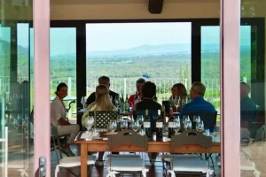 Tuscan wine trip guests at wine tasting at Grattamacco Vineyard estate