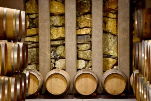 Wine barrels in the wine cellar at Chiappini Winery (Bio)