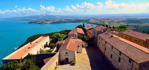 Birds eye view of medieval hill town of Tuscany