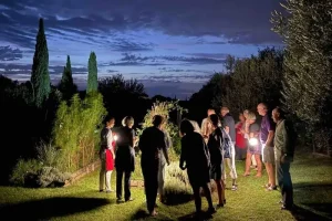 Evening walk in the garden guiding guests on growing fresh vegetables and spices