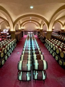 Ornellaia wine cellar with crates of red wine