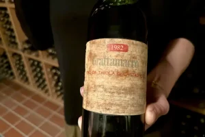 Winemaker at Grattamacco showing a 1982 bottle of red Grattamacco - Vina da Tavola Di Castagnetti